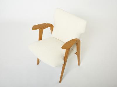 Roger Landault Roger Landault French oak compass armchairs wool boucl 1950s