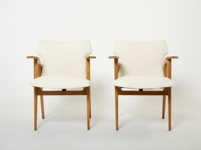 Roger Landault Roger Landault French oak compass armchairs wool boucl 1950s