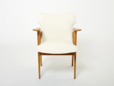 Roger Landault Roger Landault French oak compass armchairs wool boucl 1950s