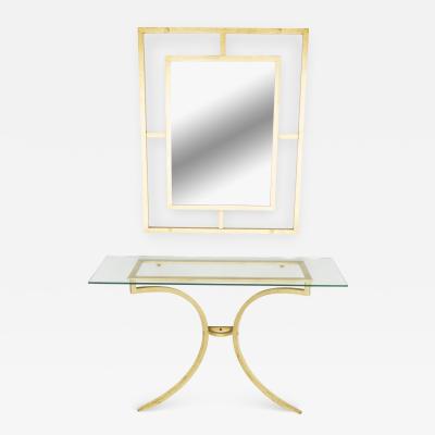 Roger Thibier Rare Roger Thibier gilt wrought iron gold leaf console table with mirror 1960s