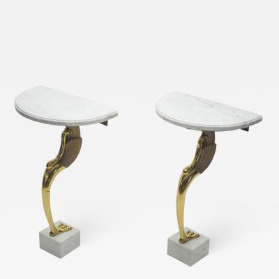 Roger Thibier Unique Mid century Roger Thibier Pair of brass marble console tables 1970s