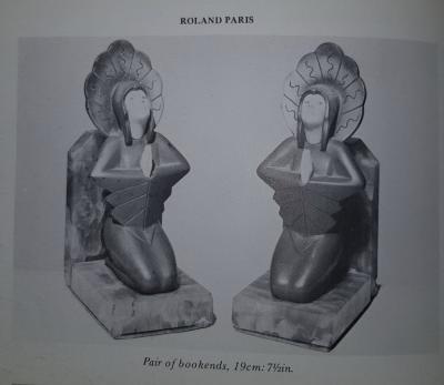 Roland Paris Roland Paris Bronze Ivoroid Praying Bookends Art Deco Iron Marble