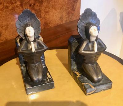 Roland Paris Roland Paris Bronze Ivoroid Praying Bookends Art Deco Iron Marble