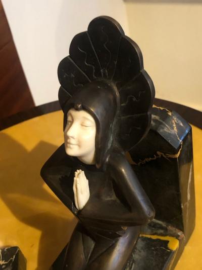 Roland Paris Roland Paris Bronze Ivoroid Praying Bookends Art Deco Iron Marble