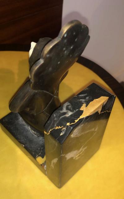 Roland Paris Roland Paris Bronze Ivoroid Praying Bookends Art Deco Iron Marble