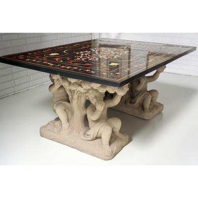 Roman Pietra Dura Inlaid Marble Table Stone Putti Base