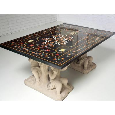 Roman Pietra Dura Inlaid Marble Table Stone Putti Base