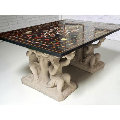 Roman Pietra Dura Inlaid Marble Table Stone Putti Base