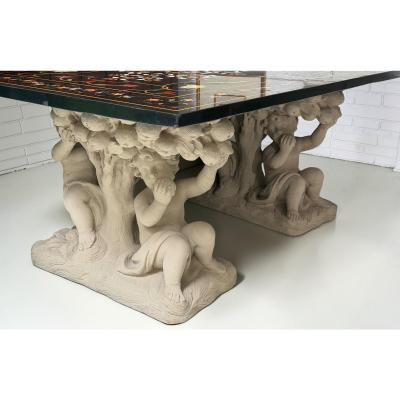 Roman Pietra Dura Inlaid Marble Table Stone Putti Base