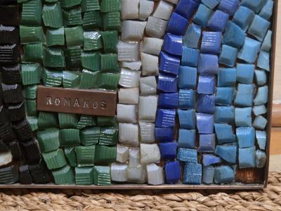 Romanos Romanos Romanos Mexican Glass Mosaic Panel Campesino Figure c 1950s 1960s