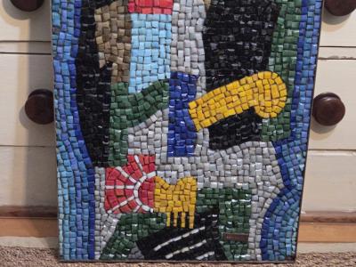 Romanos Romanos Romanos Mexican Glass Mosaic Panel Campesino Figure c 1950s 1960s