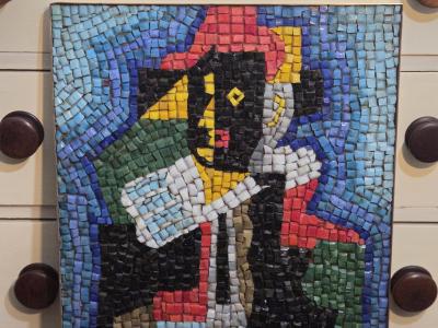 Romanos Romanos Romanos Mexican Glass Mosaic Panel Campesino Figure c 1950s 1960s