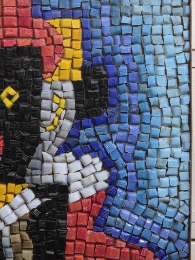 Romanos Romanos Romanos Mexican Glass Mosaic Panel Campesino Figure c 1950s 1960s