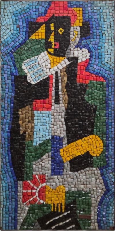 Romanos Romanos Romanos Mexican Glass Mosaic Panel Campesino Figure c 1950s 1960s