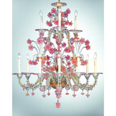 Romantic Transparent and Pink Floreal C Rezzonico Chandelier in Murano Glass