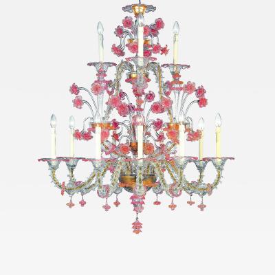 Romantic Transparent and Pink Floreal C Rezzonico Chandelier in Murano Glass