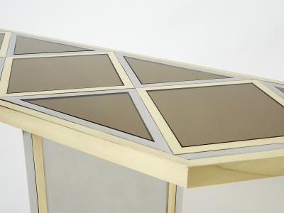 Romeo Rega Brass chrome steel mirrored console table by Romeo Rega 1970s