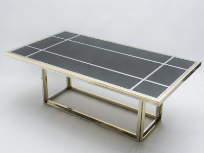Romeo Rega Large brass chrome black glass dining table Romeo Rega 1970s