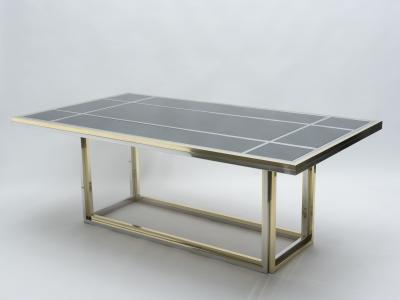 Romeo Rega Large brass chrome black glass dining table Romeo Rega 1970s