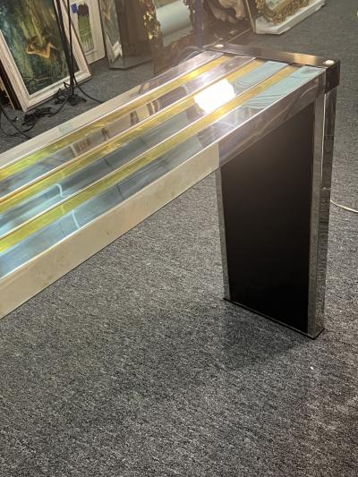 Romeo Rega MODERNIST CHROME BRASS BLACK LUCITE CONSOLE WITH SMOKY GLASS TOP BY ROMEO REGA