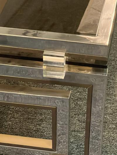 Romeo Rega MODERNIST PAIR OF CHROME BRASS LUCITE GREEK KEY COFFEE TABLE BY ROMEO REGA