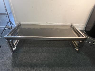 Romeo Rega MODERNIST PAIR OF CHROME BRASS LUCITE GREEK KEY COFFEE TABLE BY ROMEO REGA