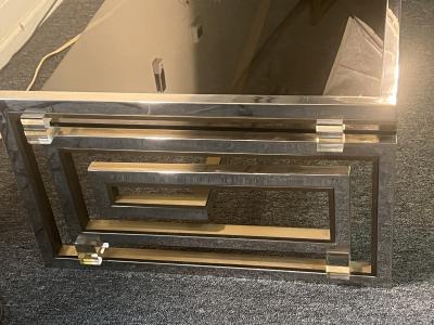Romeo Rega MODERNIST PAIR OF CHROME BRASS LUCITE GREEK KEY COFFEE TABLE BY ROMEO REGA