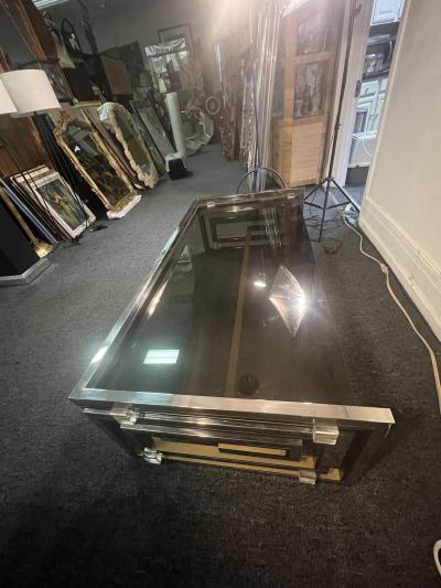 Romeo Rega MODERNIST PAIR OF CHROME BRASS LUCITE GREEK KEY COFFEE TABLE BY ROMEO REGA