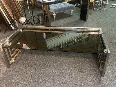 Romeo Rega MODERNIST PAIR OF CHROME BRASS LUCITE GREEK KEY COFFEE TABLE BY ROMEO REGA