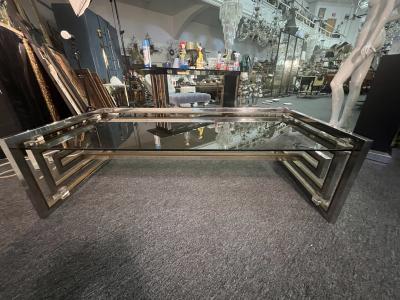 Romeo Rega MODERNIST PAIR OF CHROME BRASS LUCITE GREEK KEY COFFEE TABLE BY ROMEO REGA