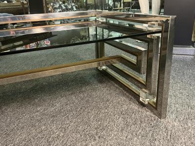 Romeo Rega MODERNIST PAIR OF CHROME BRASS LUCITE GREEK KEY COFFEE TABLE BY ROMEO REGA