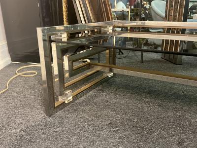 Romeo Rega MODERNIST PAIR OF CHROME BRASS LUCITE GREEK KEY COFFEE TABLE BY ROMEO REGA