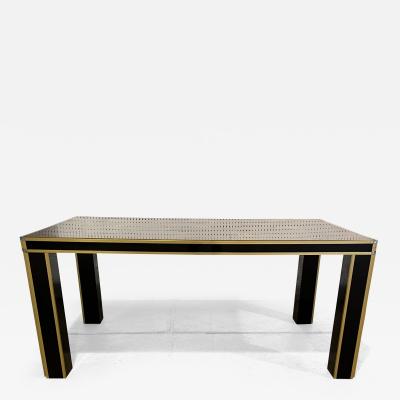 Romeo Rega ROMEO REGA PATCHWORK WOOD AND BLACK LUCITE AND BRASS FRAME DINING TABLE