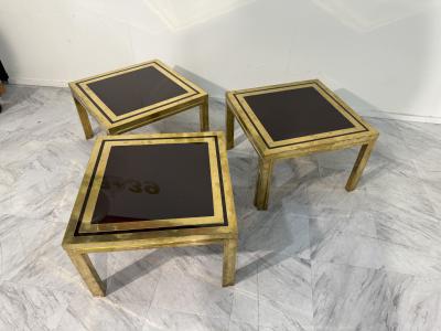 Romeo Rega Set of Three Romeo Rega Brass and Smoked Glass Coffee Tables Italy 1970s