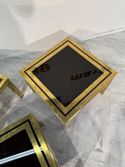 Romeo Rega Set of Three Romeo Rega Brass and Smoked Glass Coffee Tables Italy 1970s