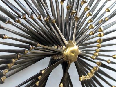 Ron Schmidt Iron and Brass Pinwheel Sunburst Nail Wall Sculpture by Ron Schmidt