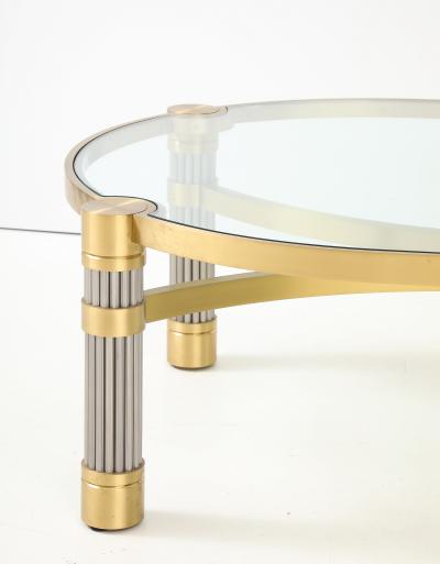 Ron Seff 1980s Oval shaped Brass Steel and Glass Coffee Table by Ron Seff