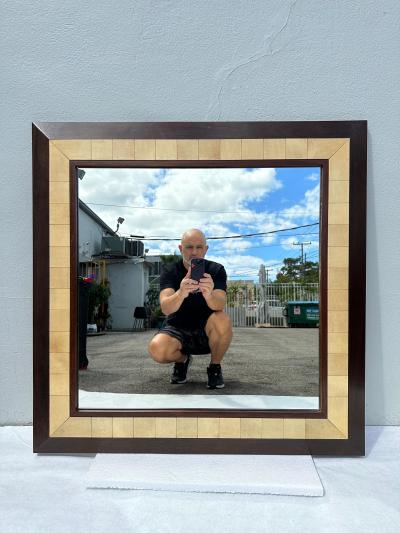 Ron Seff Large Square Parchment and Exotic Wood Framed Mirror by Ron Seff