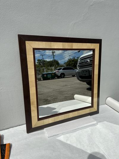Ron Seff Large Square Parchment and Exotic Wood Framed Mirror by Ron Seff