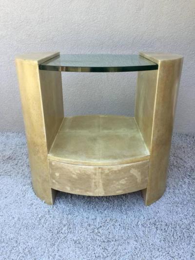 Ron Seff Pair of Ron Seff Goatskin Parchment Glass Side Tables Nightstands Tables