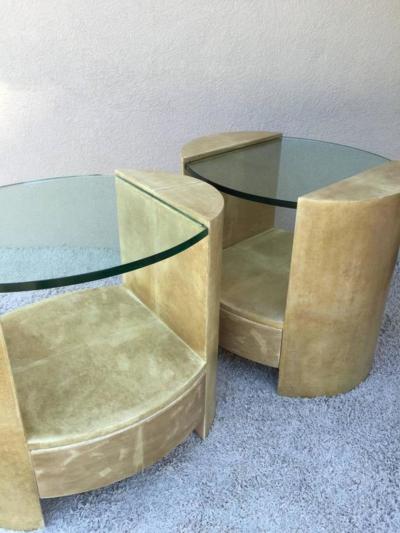 Ron Seff Pair of Ron Seff Goatskin Parchment Glass Side Tables Nightstands Tables