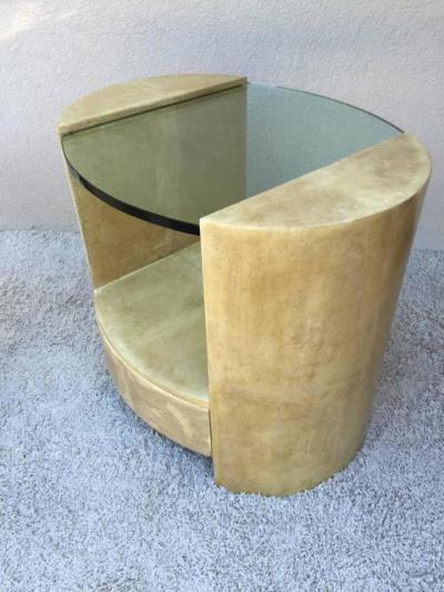 Ron Seff Pair of Ron Seff Goatskin Parchment Glass Side Tables Nightstands Tables