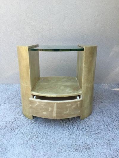 Ron Seff Pair of Ron Seff Goatskin Parchment Glass Side Tables Nightstands Tables