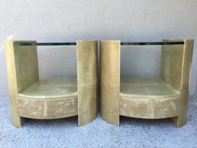 Ron Seff Pair of Ron Seff Goatskin Parchment Glass Side Tables Nightstands Tables