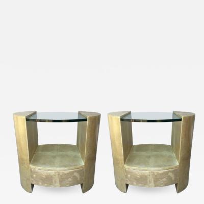 Ron Seff Pair of Ron Seff Goatskin Parchment Glass Side Tables Nightstands Tables