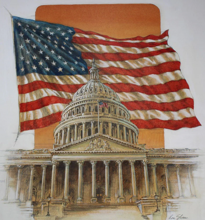 Ron Sloan U S Flag Behind Capitol by Ron Sloan Mixed Media Painting