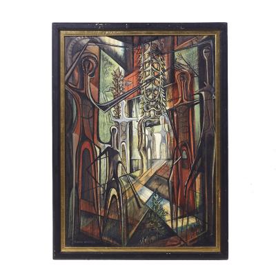 Ronald Smoothey Mid Century Presence Oil on Board Painting