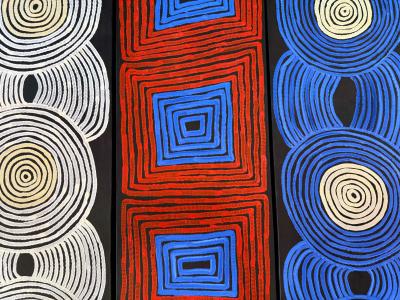 Ronnie Tjampitjinpa Triptych Australian Aboriginal Paintings Tingari Ronnie Tjampitjinpa