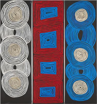 Ronnie Tjampitjinpa Triptych Australian Aboriginal Paintings Tingari Ronnie Tjampitjinpa