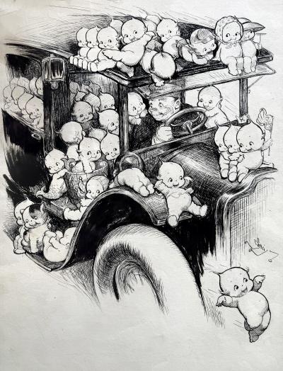 Rose Cecil O Neill Kewpie Car Hop On and Go to a Happy Place Pen and Ink Original